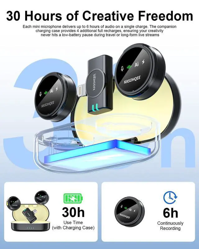 Alt view image 5 of 7 - Wireless Lavalier Microphone for iPhone 17/16/15/14, iPad & Android, Magnetic Clip-on Mini Mic with Charging Case,30H Playtime Plug-Play Lapel Lavalier Mic for Vlog TikTok, AI Noise Reduction