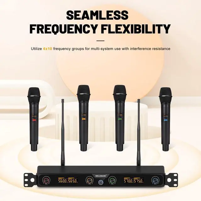 Alt view image 4 of 7 - 4-Channel UHF Rackmount Wireless Microphone System MWM-41F | 4 Dynamic Handheld Mics, 4 x 10 Frequencies, 260 ft Range, Live Vocals, Karaoke, Worship Services, DJ Events