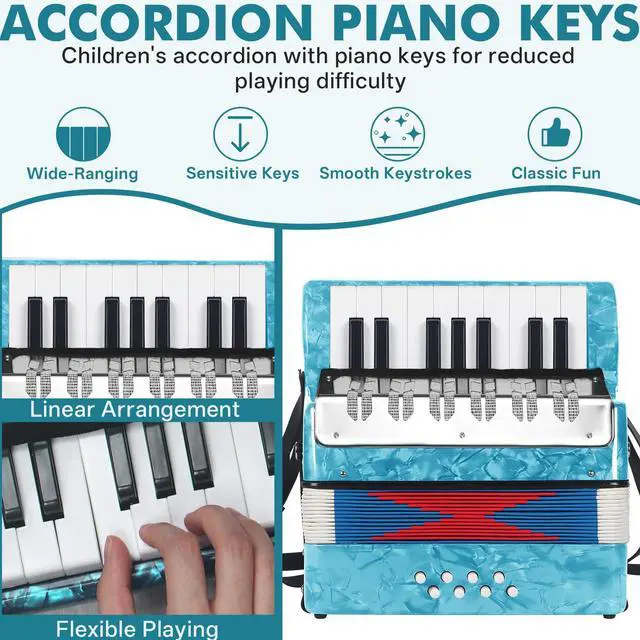 Alt view image 2 of 5 - 17 Key Piano Accordion, Lightweight & Compact Acordeon, Celluloid Accordions Brighter and Pure Tone than Plastic, Durable Metal Cover with Straps, Manual for Adult Beginners Acordeón (Sky Blue)