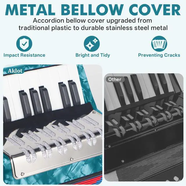 Alt view image 3 of 5 - 17 Key Piano Accordion, Lightweight & Compact Acordeon, Celluloid Accordions Brighter and Pure Tone than Plastic, Durable Metal Cover with Straps, Manual for Adult Beginners Acordeón (Sky Blue)