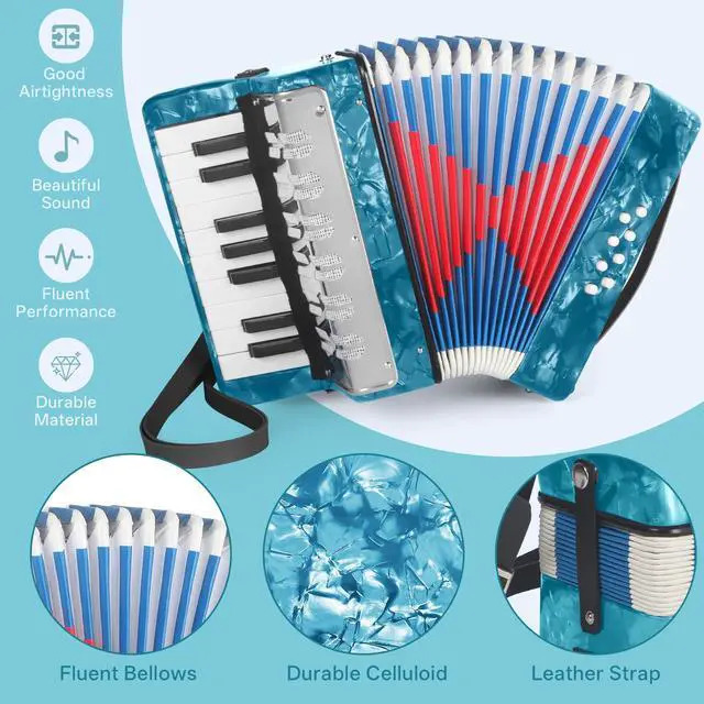 Alt view image 4 of 5 - 17 Key Piano Accordion, Lightweight & Compact Acordeon, Celluloid Accordions Brighter and Pure Tone than Plastic, Durable Metal Cover with Straps, Manual for Adult Beginners Acordeón (Sky Blue)
