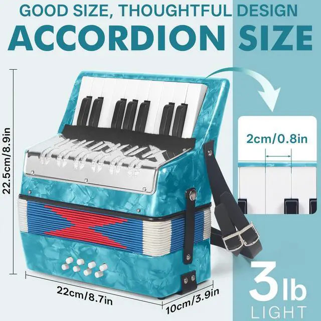 Alt view image 5 of 5 - 17 Key Piano Accordion, Lightweight & Compact Acordeon, Celluloid Accordions Brighter and Pure Tone than Plastic, Durable Metal Cover with Straps, Manual for Adult Beginners Acordeón (Sky Blue)