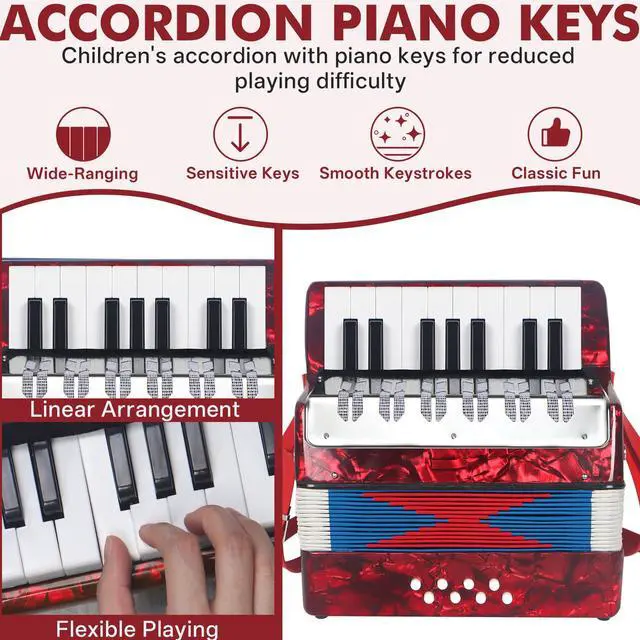 Alt view image 2 of 5 - 17 Key Piano Accordion, Lightweight & Compact Acordeon, Celluloid Accordions Brighter and Pure Tone than Plastic, Durable Metal Cover with Straps, Manual for Adult Beginners Acordeón (Red)