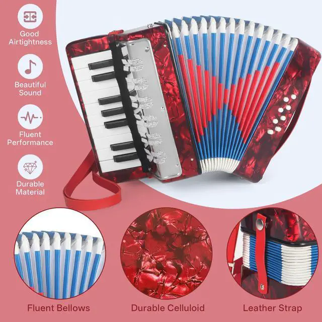 Alt view image 4 of 5 - 17 Key Piano Accordion, Lightweight & Compact Acordeon, Celluloid Accordions Brighter and Pure Tone than Plastic, Durable Metal Cover with Straps, Manual for Adult Beginners Acordeón (Red)