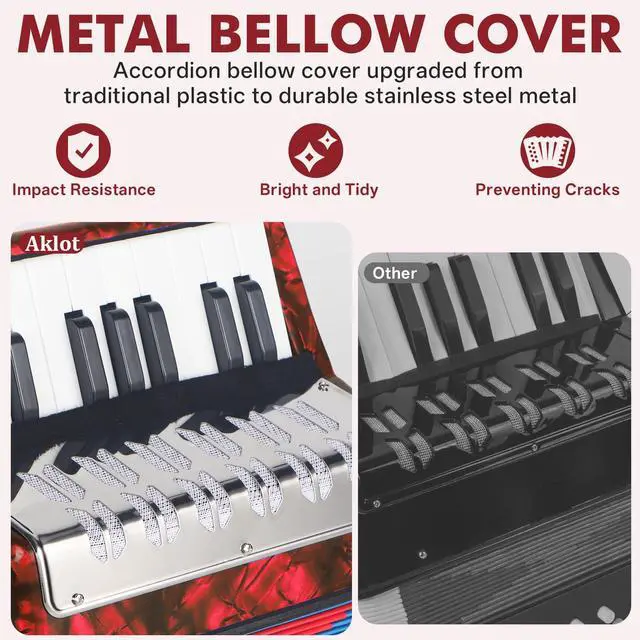 Alt view image 3 of 5 - 17 Key Piano Accordion, Lightweight & Compact Acordeon, Celluloid Accordions Brighter and Pure Tone than Plastic, Durable Metal Cover with Straps, Manual for Adult Beginners Acordeón (Red)