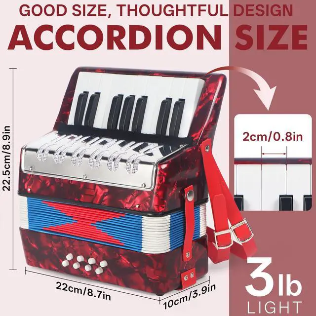 Alt view image 5 of 5 - 17 Key Piano Accordion, Lightweight & Compact Acordeon, Celluloid Accordions Brighter and Pure Tone than Plastic, Durable Metal Cover with Straps, Manual for Adult Beginners Acordeón (Red)