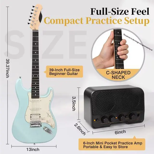 Alt view image 3 of 7 - 39-Inch Electric Guitar Starter Kit with HSS Pickups, OlympicBlue | Lightweight Olympic blue paulownia body, comfortable maple neck and Bluetooth playback for students, adults and first lessons