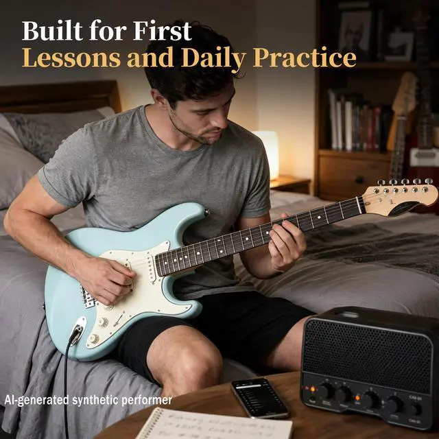 Alt view image 2 of 7 - 39-Inch Electric Guitar Starter Kit with HSS Pickups, OlympicBlue | Lightweight Olympic blue paulownia body, comfortable maple neck and Bluetooth playback for students, adults and first lessons