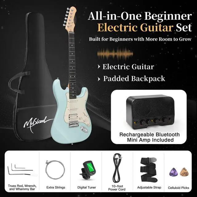 Alt view image 4 of 7 - 39-Inch Electric Guitar Starter Kit with HSS Pickups, OlympicBlue | Lightweight Olympic blue paulownia body, comfortable maple neck and Bluetooth playback for students, adults and first lessons