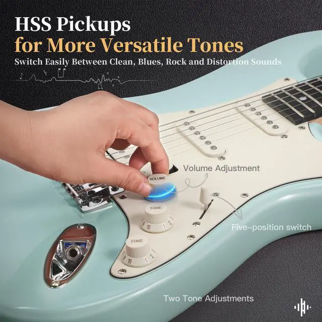 Alt view image 5 of 7 - 39-Inch Electric Guitar Starter Kit with HSS Pickups, OlympicBlue | Lightweight Olympic blue paulownia body, comfortable maple neck and Bluetooth playback for students, adults and first lessons
