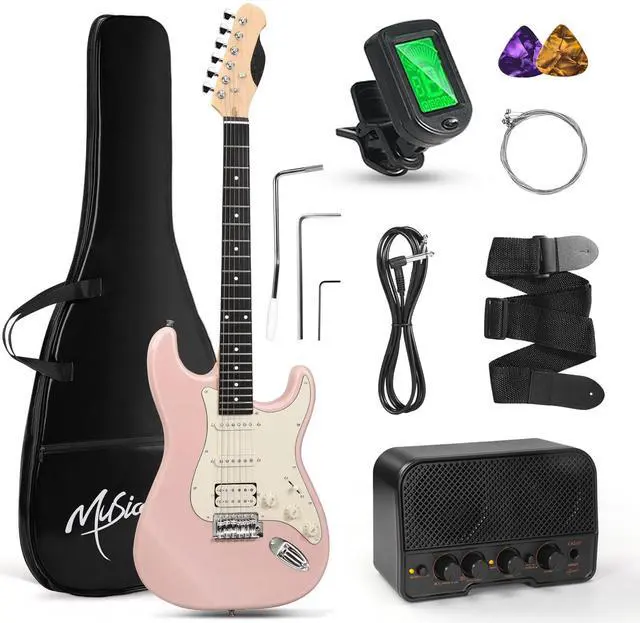 Main image of 39-Inch Electric Guitar Starter Kit with HSS Pickups, Pink | Lightweight pink paulownia body, comfortable maple neck and Bluetooth playback for students, adults and first lessons