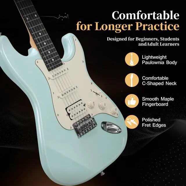 Alt view image 7 of 7 - 39-Inch Electric Guitar Starter Kit with HSS Pickups, OlympicBlue | Lightweight Olympic blue paulownia body, comfortable maple neck and Bluetooth playback for students, adults and first lessons