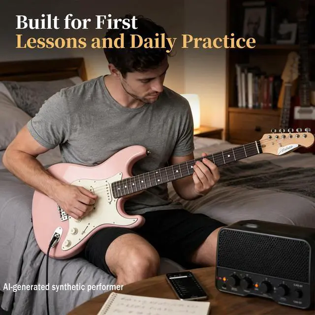 Alt view image 2 of 7 - 39-Inch Electric Guitar Starter Kit with HSS Pickups, Pink | Lightweight pink paulownia body, comfortable maple neck and Bluetooth playback for students, adults and first lessons