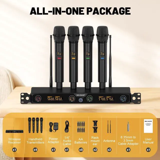 Alt view image 7 of 7 - 4-Channel UHF Rackmount Wireless Microphone System MWM-41F | 4 Dynamic Handheld Mics, 4 x 10 Frequencies, 260 ft Range, Live Vocals, Karaoke, Worship Services, DJ Events