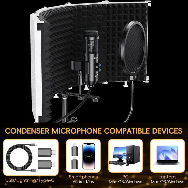 Alt view image 5 of 6 - Upgraded Studio Recording Microphone with Isolation Shield & Pop Filter - Music Condenser Mic for Podcasting, Singing, Home Studio - Sound for PC, Laptop, Smartphone