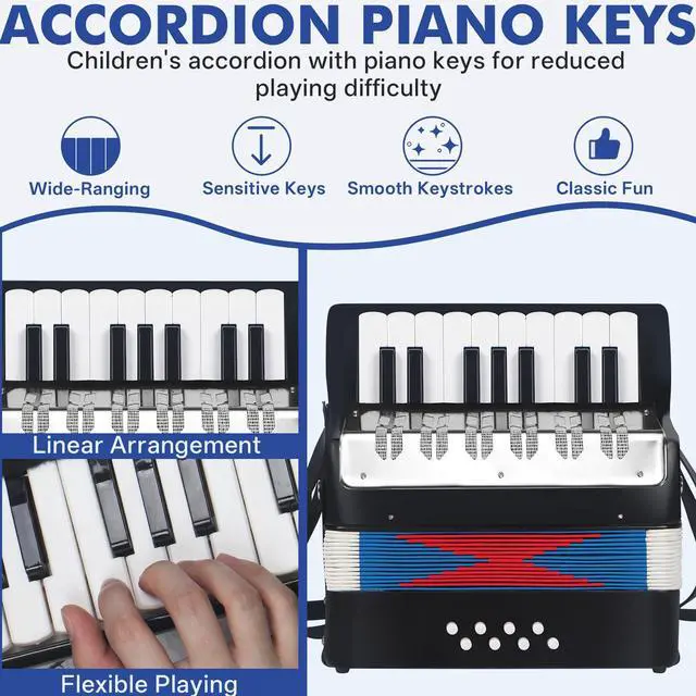 Alt view image 2 of 5 - 17 Key Piano Accordion, Lightweight & Compact Acordeon, Celluloid Accordions Brighter and Pure Tone than Plastic, Durable Metal Cover with Straps, Manual for Adult Beginners Acordeón (Black)