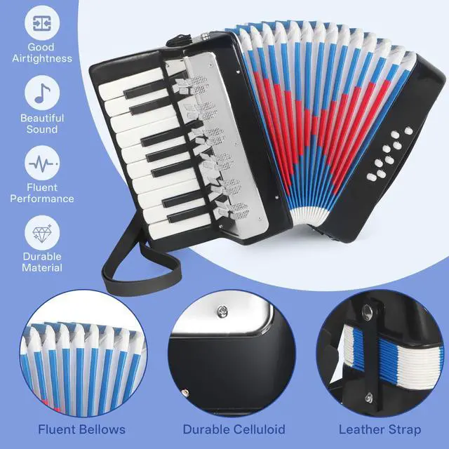 Alt view image 4 of 5 - 17 Key Piano Accordion, Lightweight & Compact Acordeon, Celluloid Accordions Brighter and Pure Tone than Plastic, Durable Metal Cover with Straps, Manual for Adult Beginners Acordeón (Black)