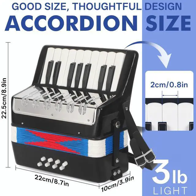 Alt view image 5 of 5 - 17 Key Piano Accordion, Lightweight & Compact Acordeon, Celluloid Accordions Brighter and Pure Tone than Plastic, Durable Metal Cover with Straps, Manual for Adult Beginners Acordeón (Black)