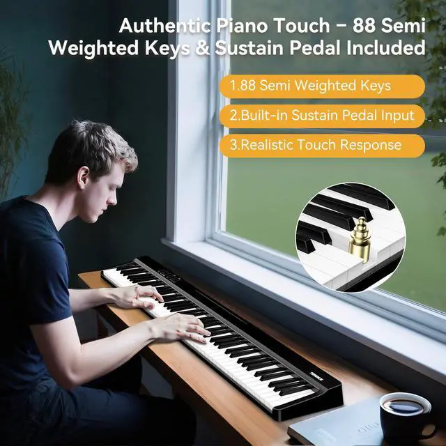 Alt view image 2 of 7 - Portable Piano Keyboard 88 Keys: Semi-Weighted Folding Digital Piano Bluetooth, 128 Tones & Silent Mode Electric Folding Piano Kit for Adult