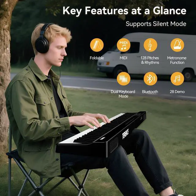 Alt view image 5 of 7 - Portable Piano Keyboard 88 Keys: Semi-Weighted Folding Digital Piano Bluetooth, 128 Tones & Silent Mode Electric Folding Piano Kit for Adult