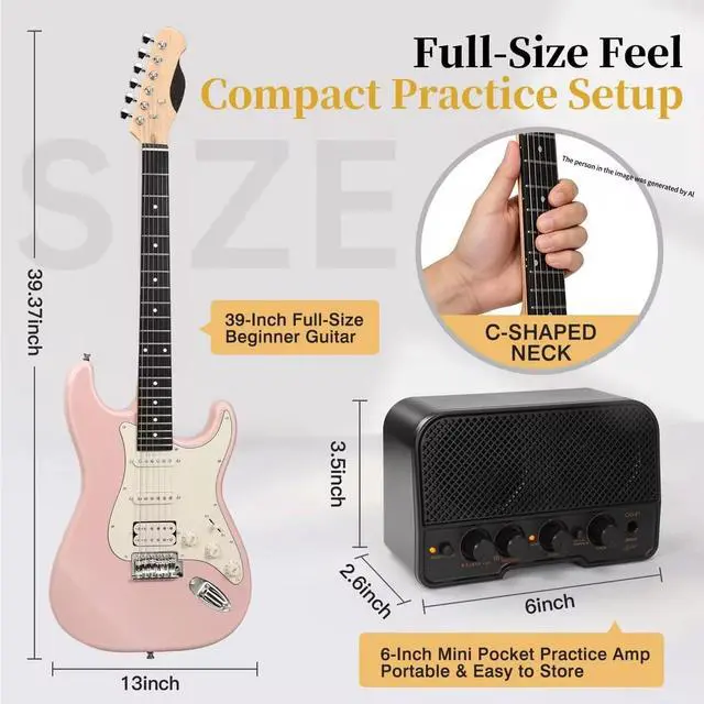 Alt view image 3 of 7 - 39-Inch Electric Guitar Starter Kit with HSS Pickups, Pink | Lightweight pink paulownia body, comfortable maple neck and Bluetooth playback for students, adults and first lessons