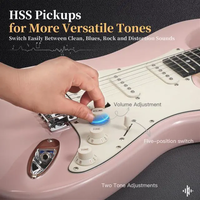 Alt view image 5 of 7 - 39-Inch Electric Guitar Starter Kit with HSS Pickups, Pink | Lightweight pink paulownia body, comfortable maple neck and Bluetooth playback for students, adults and first lessons