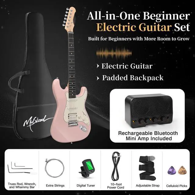 Alt view image 4 of 7 - 39-Inch Electric Guitar Starter Kit with HSS Pickups, Pink | Lightweight pink paulownia body, comfortable maple neck and Bluetooth playback for students, adults and first lessons