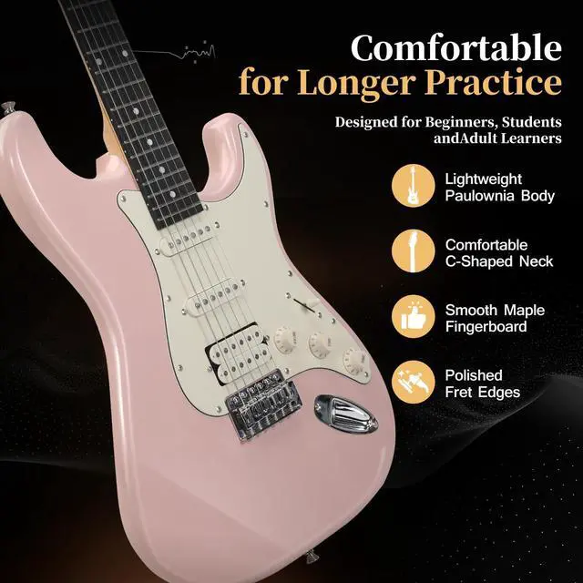 Alt view image 7 of 7 - 39-Inch Electric Guitar Starter Kit with HSS Pickups, Pink | Lightweight pink paulownia body, comfortable maple neck and Bluetooth playback for students, adults and first lessons