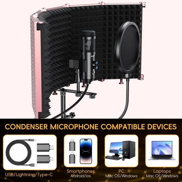 Alt view image 5 of 6 - Upgraded Studio Recording Microphone with Isolation Shield & Pop Filter - Music Condenser Mic for Podcasting, Singing, Home Studio - Sound for PC, Laptop, Smartphone