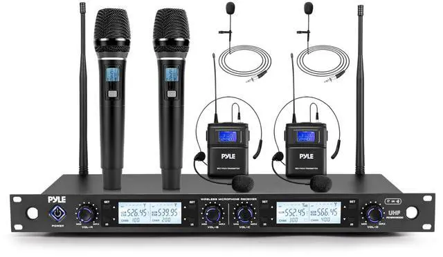 Main image of 4 Channel UHF Wireless Microphone System with 2 Handheld Mics, 2 Lavalier 2 Headsets & Beltpack Transmitters, 300ft Range, Rack Mount Receiver for Church, Meetings, DJ & PA Systems