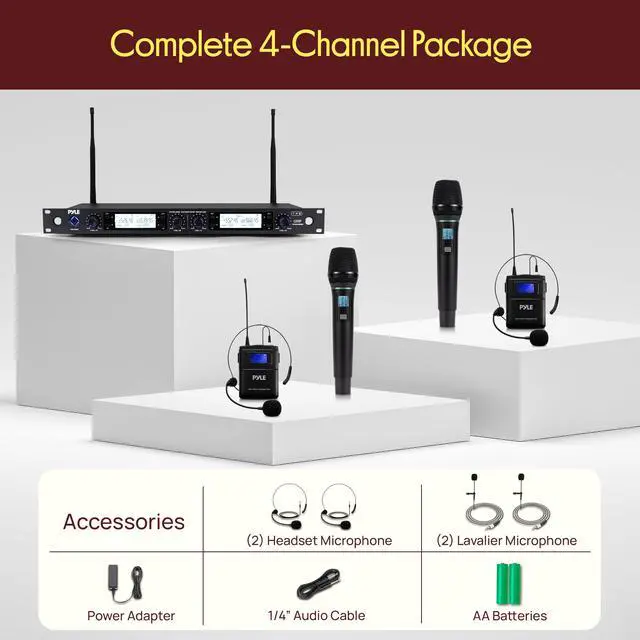 Alt view image 7 of 7 - 4 Channel UHF Wireless Microphone System with 2 Handheld Mics, 2 Lavalier 2 Headsets & Beltpack Transmitters, 300ft Range, Rack Mount Receiver for Church, Meetings, DJ & PA Systems