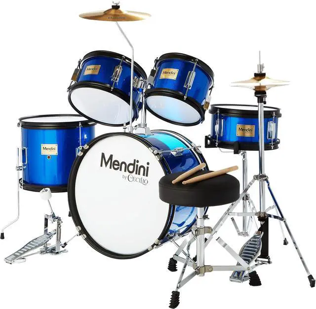 Main image of 5 Piece 16 Inch Junior Drums Set - Metallic Blue | Drum Set with Bass, Toms, Snare Drum, Cymbal, Hi-Hat, Drumsticks & Adjustable Padded Seat for Beginner
