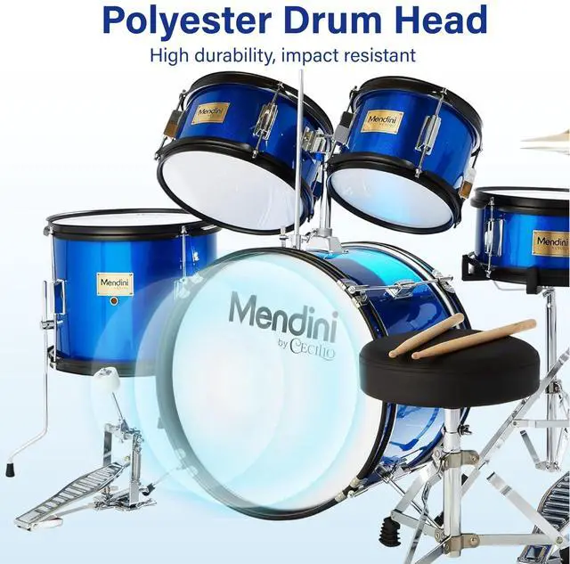 Alt view image 3 of 7 - 5 Piece 16 Inch Junior Drums Set - Metallic Blue | Drum Set with Bass, Toms, Snare Drum, Cymbal, Hi-Hat, Drumsticks & Adjustable Padded Seat for Beginner