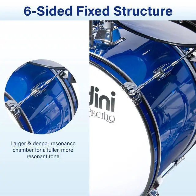 Alt view image 4 of 7 - 5 Piece 16 Inch Junior Drums Set - Metallic Blue | Drum Set with Bass, Toms, Snare Drum, Cymbal, Hi-Hat, Drumsticks & Adjustable Padded Seat for Beginner