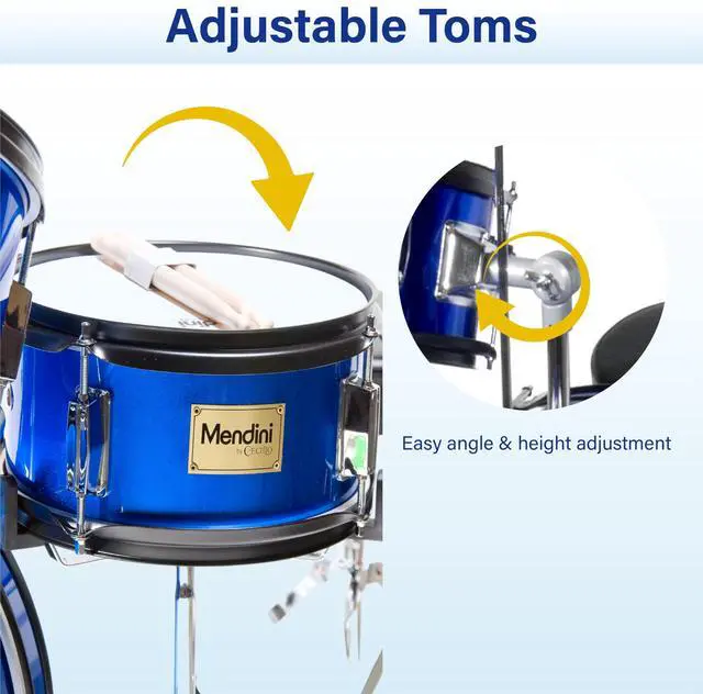 Alt view image 5 of 7 - 5 Piece 16 Inch Junior Drums Set - Metallic Blue | Drum Set with Bass, Toms, Snare Drum, Cymbal, Hi-Hat, Drumsticks & Adjustable Padded Seat for Beginner