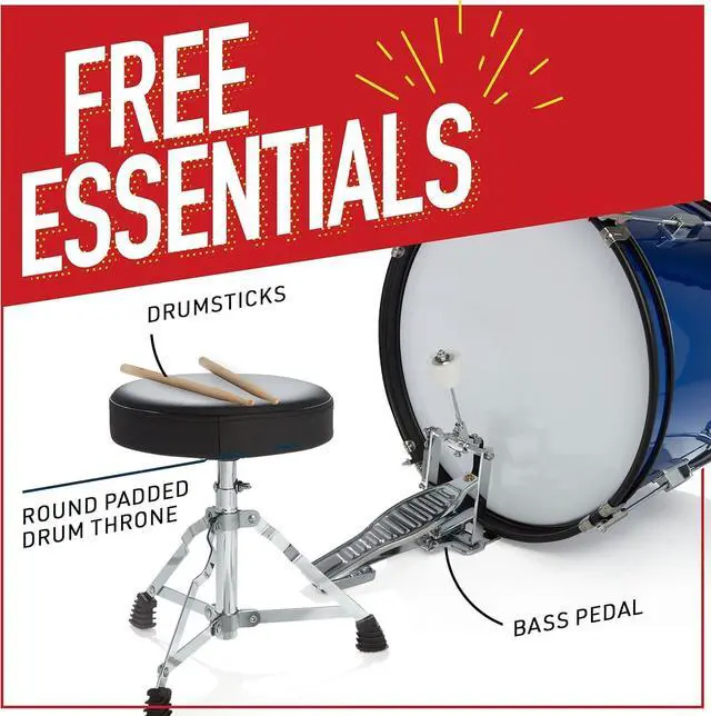 Alt view image 7 of 7 - 5 Piece 16 Inch Junior Drums Set - Metallic Blue | Drum Set with Bass, Toms, Snare Drum, Cymbal, Hi-Hat, Drumsticks & Adjustable Padded Seat for Beginner