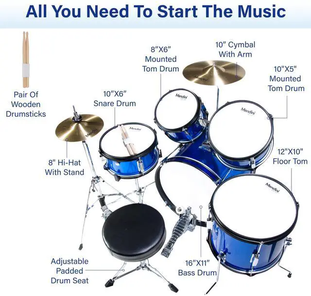 Alt view image 6 of 7 - 5 Piece 16 Inch Junior Drums Set - Metallic Blue | Drum Set with Bass, Toms, Snare Drum, Cymbal, Hi-Hat, Drumsticks & Adjustable Padded Seat for Beginner