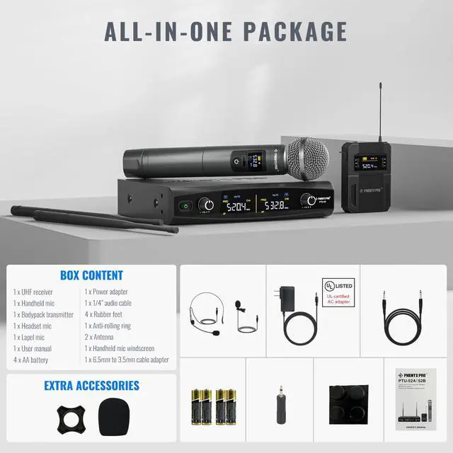 Alt view image 7 of 7 - Wireless Microphone System,Metal Wireless Mic Set w/Handheld/Bodypack/Headset/Lapel Mics,2 x 30 UHF Frequencies, 200 ft Range, Cordless Mic for Singing, Karaoke, Church (PTU-52-1H1B)