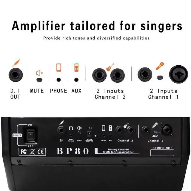 Alt view image 4 of 7 - BP80 Battery Powered Acoustic Guitar Amplifier- Portable Bluetooth Speaker 100W, 6 Inputs,3 Band EQ,Black()