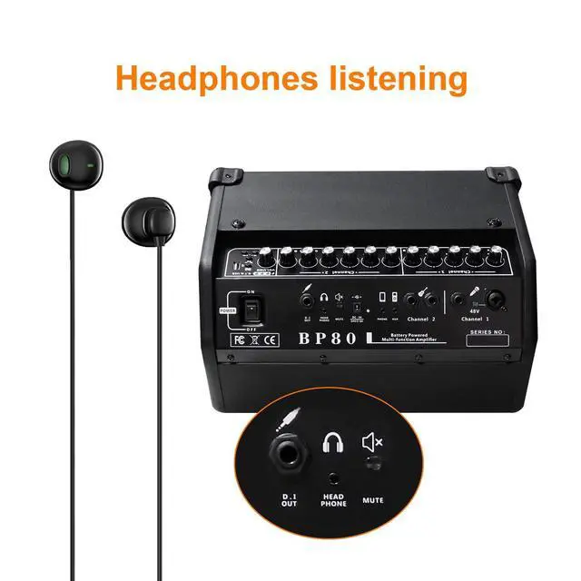 Alt view image 7 of 7 - BP80 Battery Powered Acoustic Guitar Amplifier- Portable Bluetooth Speaker 100W, 6 Inputs,3 Band EQ,Black()