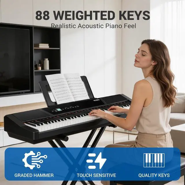 Alt view image 2 of 7 - MOSEN 88 Key Weighted Portable Digital Piano Set for Beginner Adults | 110 Demo Songs, Full Size Keyboard,Triple Sustain Pedal, Stable Dual X Stand, USB-MIDI & Keyboard Stickers for Daily Practice