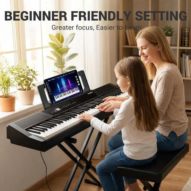 Alt view image 4 of 7 - MOSEN 88 Key Weighted Portable Digital Piano Set for Beginner Adults | 110 Demo Songs, Full Size Keyboard,Triple Sustain Pedal, Stable Dual X Stand, USB-MIDI & Keyboard Stickers for Daily Practice