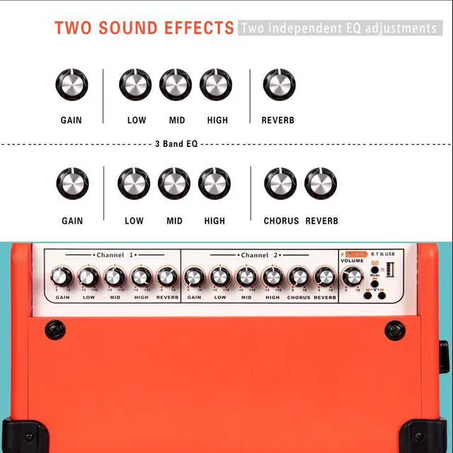 Alt view image 3 of 6 - BP80 Battery Powered Acoustic Guitar Amplifier- Portable Bluetooth Speaker 100W, 6 Inputs,3 Band EQ,Orange