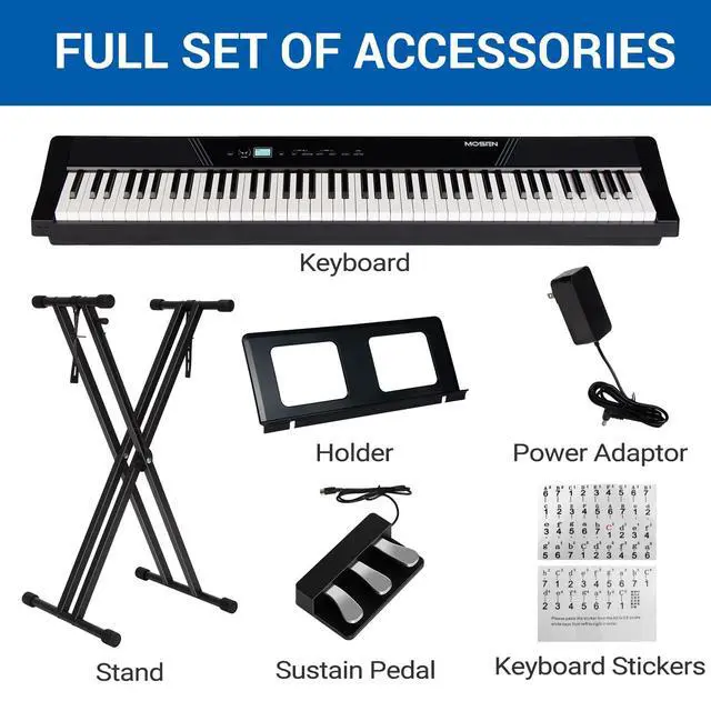 Alt view image 6 of 7 - MOSEN 88 Key Weighted Portable Digital Piano Set for Beginner Adults | 110 Demo Songs, Full Size Keyboard,Triple Sustain Pedal, Stable Dual X Stand, USB-MIDI & Keyboard Stickers for Daily Practice