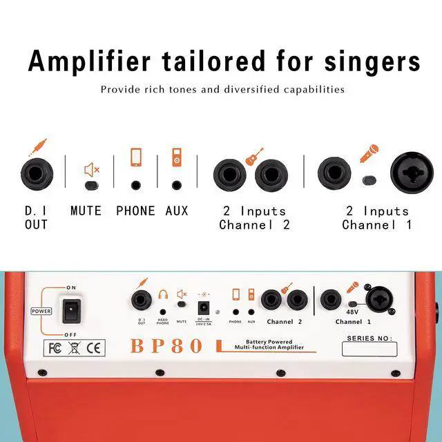 Alt view image 4 of 6 - BP80 Battery Powered Acoustic Guitar Amplifier- Portable Bluetooth Speaker 100W, 6 Inputs,3 Band EQ,Orange