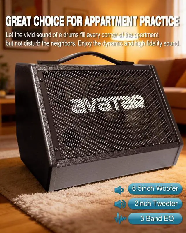 Alt view image 3 of 6 - Avatar Electric Drum Amp 20W Edrums Ampplifier for Home Practice | Peak Power 50W Personal Monitor Speaker with 3-Band EQ, Bluetooth 5.3, Cable Included