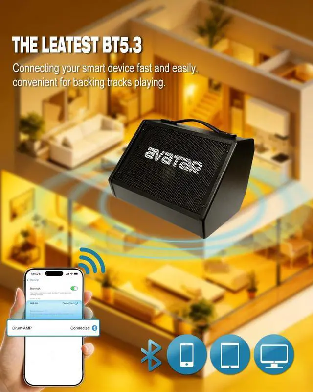Alt view image 5 of 6 - Avatar Electric Drum Amp 20W Edrums Ampplifier for Home Practice | Peak Power 50W Personal Monitor Speaker with 3-Band EQ, Bluetooth 5.3, Cable Included