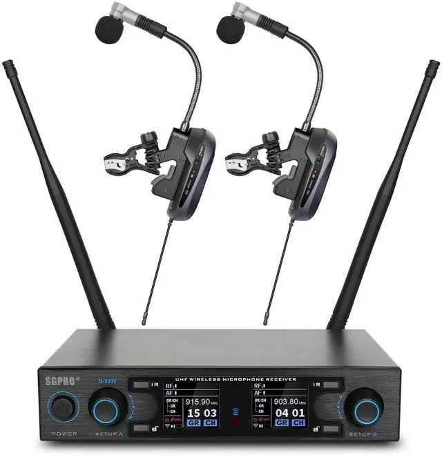 Main image of D-333T Dual Wireless Gooseneck Saxophone Microphone Set | Dual clip-on condenser set, Preset EQ and echo, 262 ft range, Rechargeable, 4.5 hr runtime, Sax and brass, Live and recording