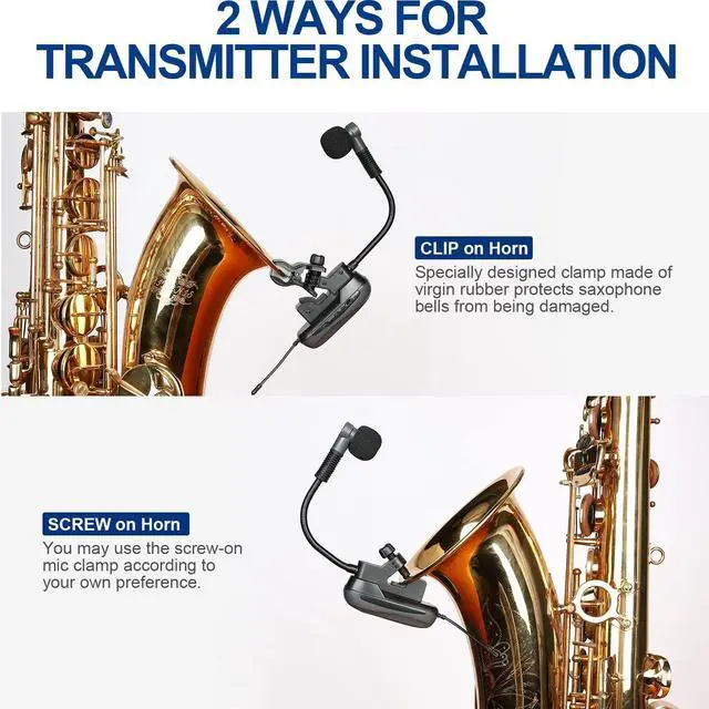 Alt view image 5 of 7 - D-333T Dual Wireless Gooseneck Saxophone Microphone Set | Dual clip-on condenser set, Preset EQ and echo, 262 ft range, Rechargeable, 4.5 hr runtime, Sax and brass, Live and recording