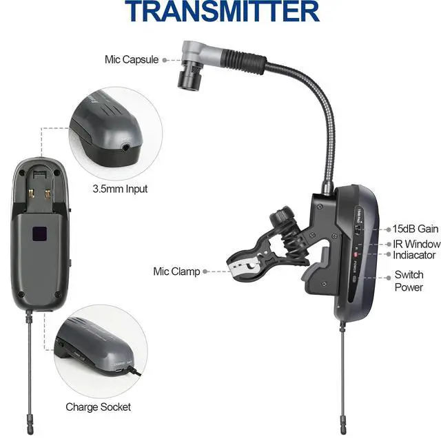 Alt view image 6 of 7 - D-333T Dual Wireless Gooseneck Saxophone Microphone Set | Dual clip-on condenser set, Preset EQ and echo, 262 ft range, Rechargeable, 4.5 hr runtime, Sax and brass, Live and recording
